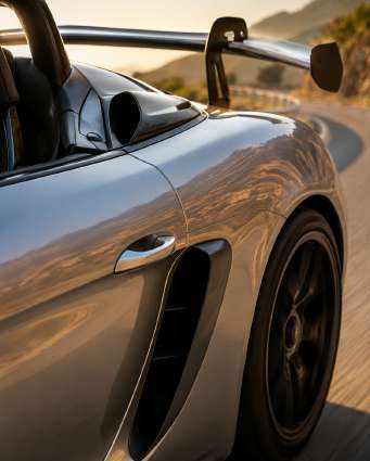 Affiche Porsche 718 Spyder RS — Zoom : Prise d’air latérale + aile arrière + reflets riviera