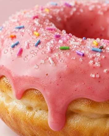 Assortiment de donuts gourmands — Zoom : Strawberry frosting surface & sugar crystals