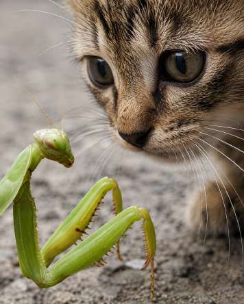 Chaton face à une mante religieuse — Zoom : Chat + mante religieuse face à face