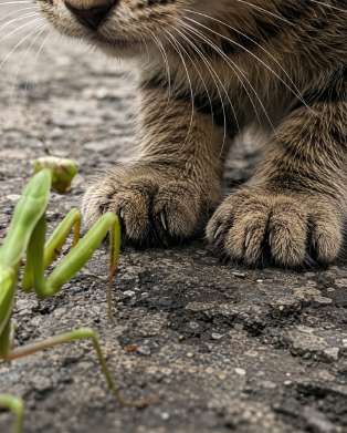 Chaton face à une mante religieuse — Zoom : Pattes + griffes du chat