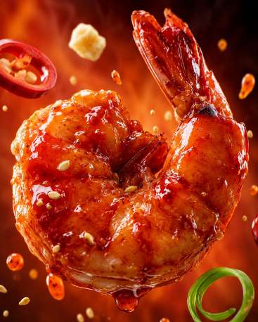 Crevettes épicées en suspension — Zoom : Crevette hero + glaçage piquant