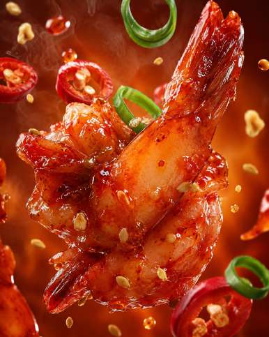 Crevettes épicées en suspension — Zoom : Queue de crevette + sauce caramélisée