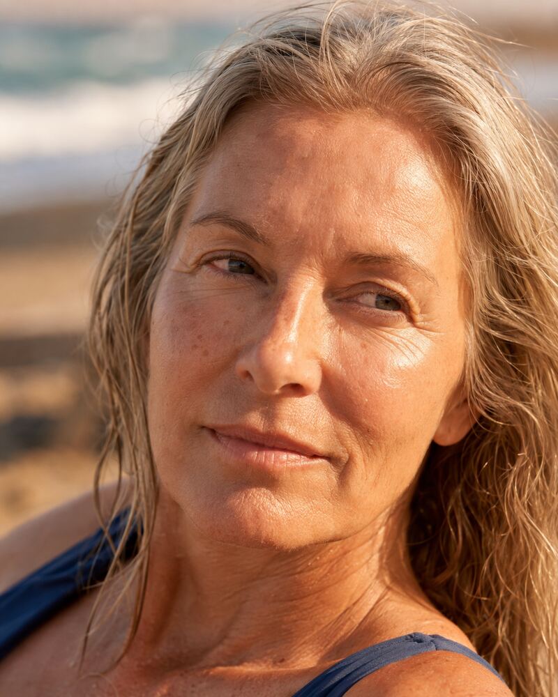 Femme qui bronze agé de 45 à 55ans — Zoom : Visage cheveux l
