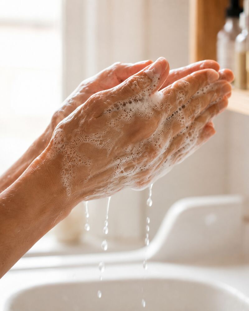 Femme qui se lave le visage — Zoom : Mains mousse gouttes d eau