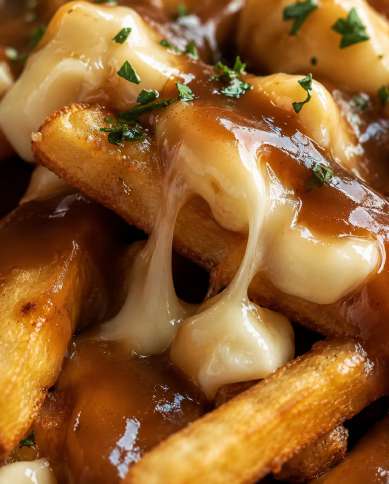 Poutine canadienne traditionnelle — Zoom : Cheese pull de fromage en grains