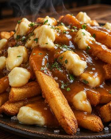 Poutine canadienne traditionnelle — Zoom : Vue complète premium de la poutine