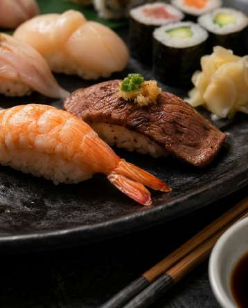 Variété de sushis — Zoom : Ebi nigiri + wagyu nigiri